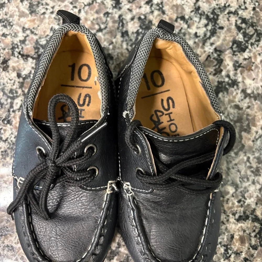 Smart Step Kids Black Faux Leather Boat Shoes Lace Up Loafers Size 10 Toddler